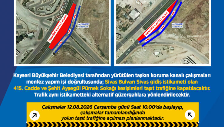 Kayseri Sivas Bulvarı’nda Menfez Çalışması Nedeniyle Trafik Düzenlemesi